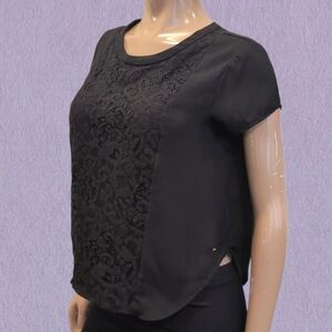 3/$20 Guess Lace Panel Top Short Sleeve Sheer Chiffon Zipper Back Blouse Medium